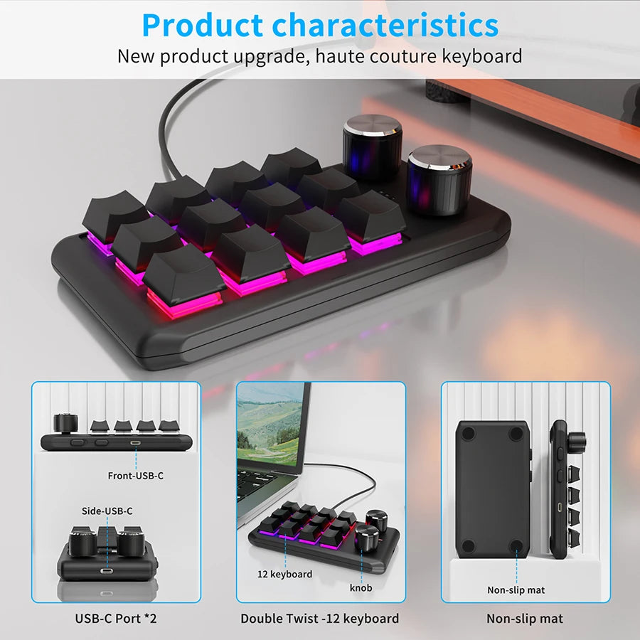 12 Keys 2 Knob Custom Mechanical Keyboard 3 Modes Bluetooth 2.4G Macro Programming Keyboard Hot-swapping Keypad for Gaming PS