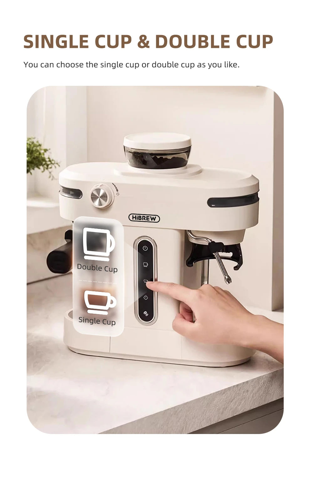 HiBREW 20 Bar Semi Automatic Espresso Coffee Maker With Grinder Bean For Cappuccino and Latte Milk Frothing System Machine H14