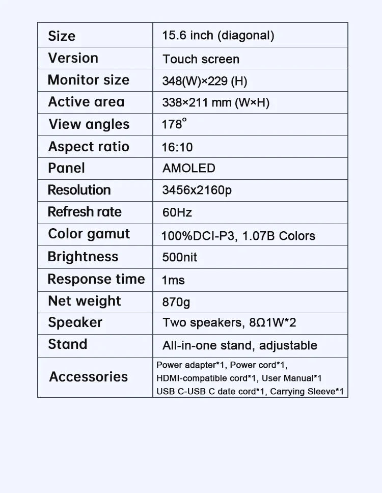 15.6inch 4K OLED Touch Screen Portable Monitor 500Nit USB-C HDMI-Compatible External 16:10 Gaming Display for Xbox Switch Laptop