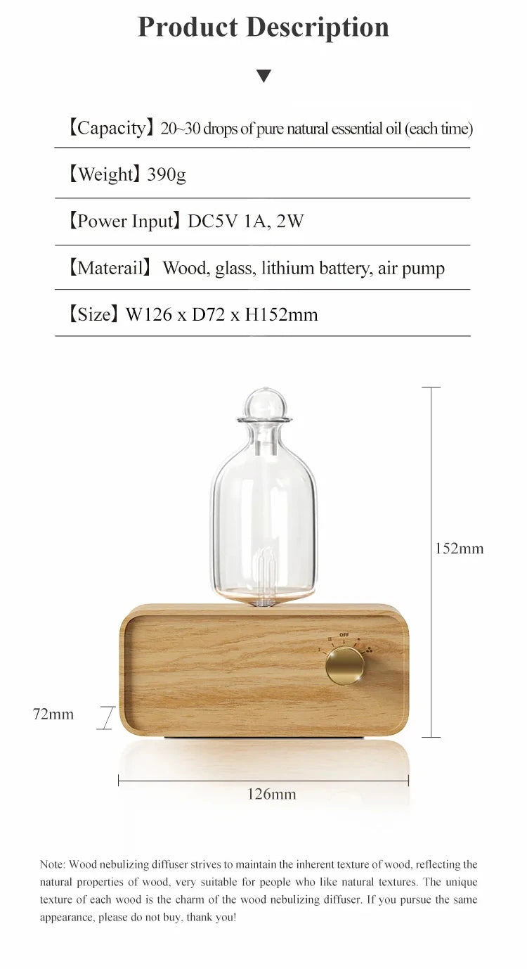 Rechargeable Essential Oil Diffuser Waterless Nebulizing Diffuser Electric Smell for Home Office Wood and Glass Aroma Diffuser
