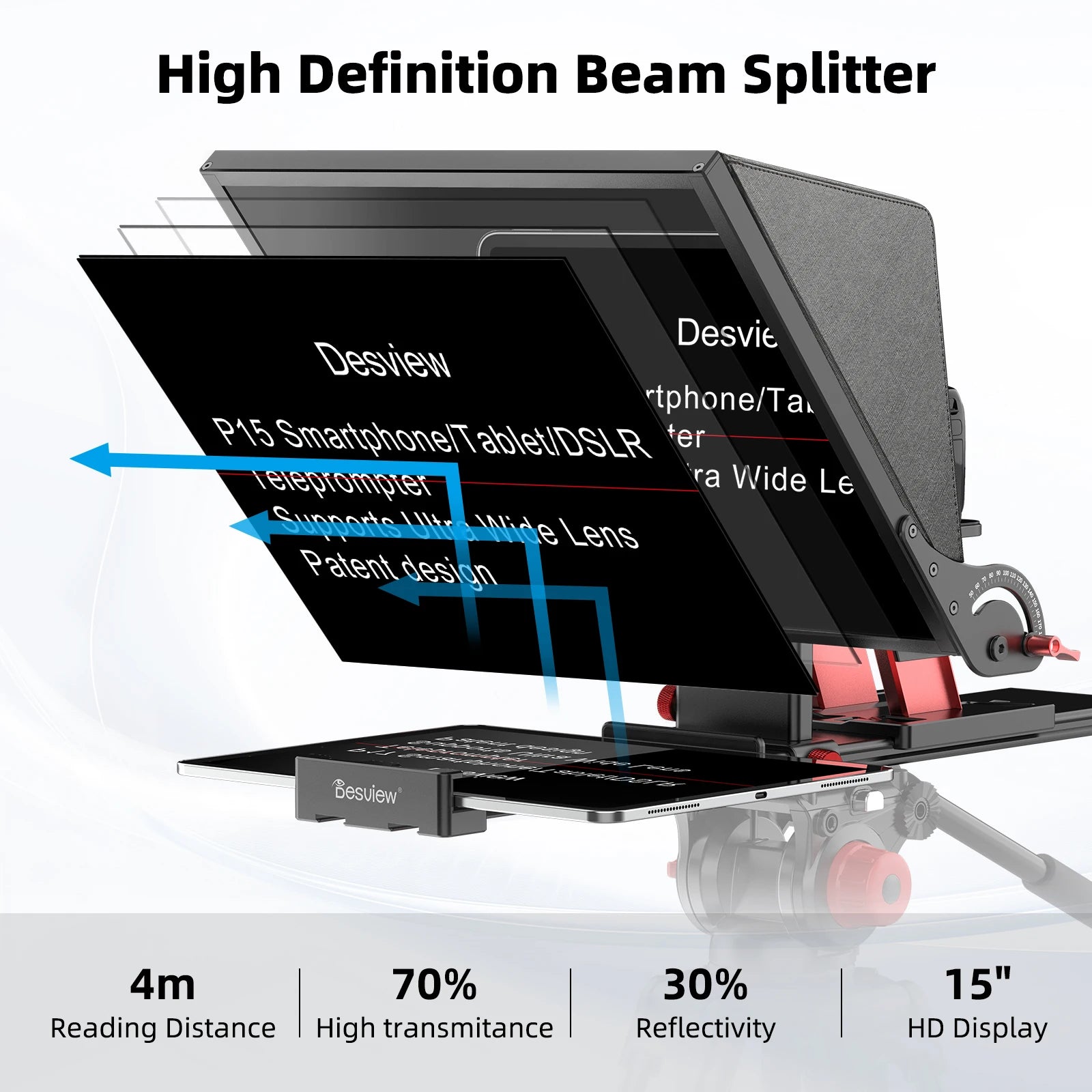 Desview P15 Teleprompter 15 inch Aluminum Alloy Teleprompter, High Display Glass for iPad Tablet Phone DSLR Camera No Assembly