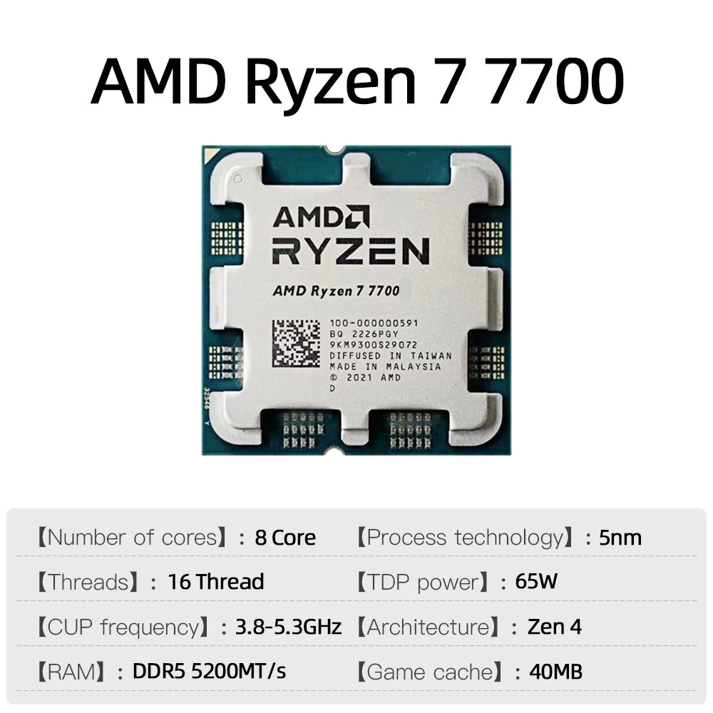 AMD Ryzen 7 7700 CPU R7 7700 5.3GHz 8-Core 16-Thread 40MB Game Cache Socket AM5 Desktop Processor for PC Gamer without Package