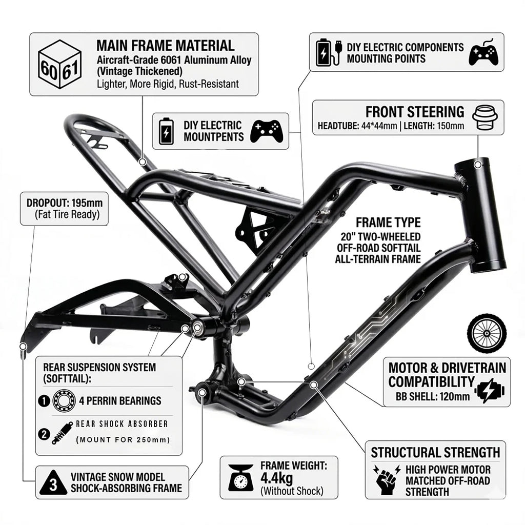 Premium 20" Softtail Electric Fat Tire Bike Frame Full Suspension 6061 Aluminum Alloy for Off-Road Snow E-Bike