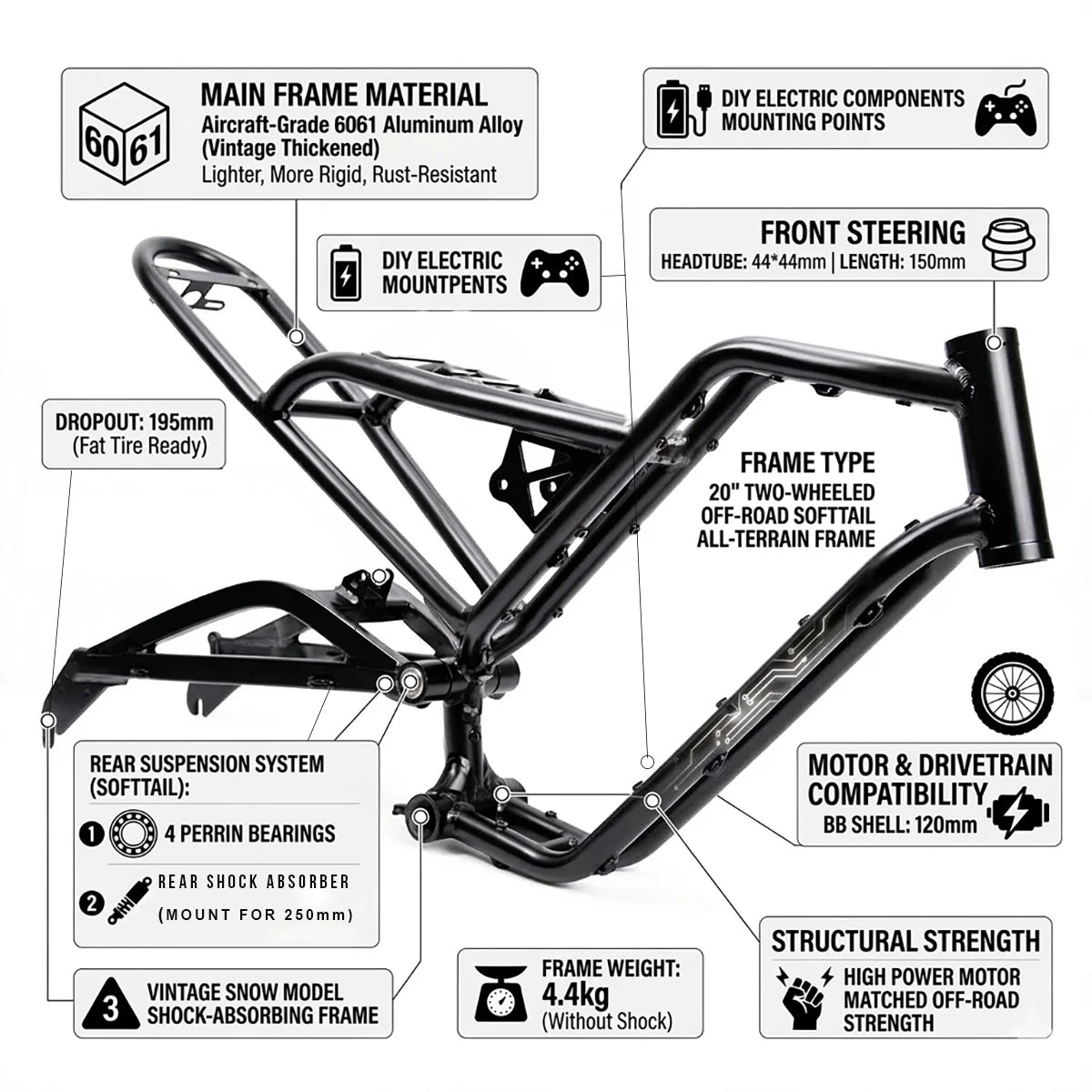 Premium 20" Softtail Electric Fat Tire Bike Frame Full Suspension 6061 Aluminum Alloy for Off-Road Snow E-Bike