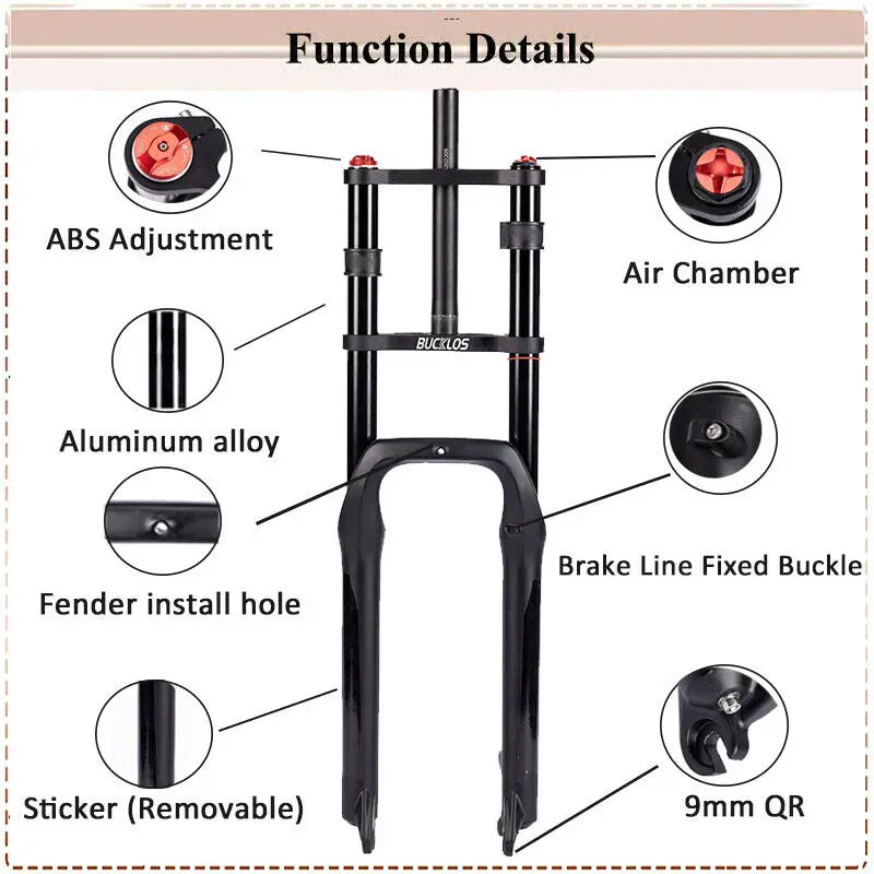BUCKLOS Snow Fat Bike Fork 20*4.0 Inch / 26*4.0 Inch Air Suspension Fork Travel 180mm Double Shoulder E-Bike Fork Bicycle Parts