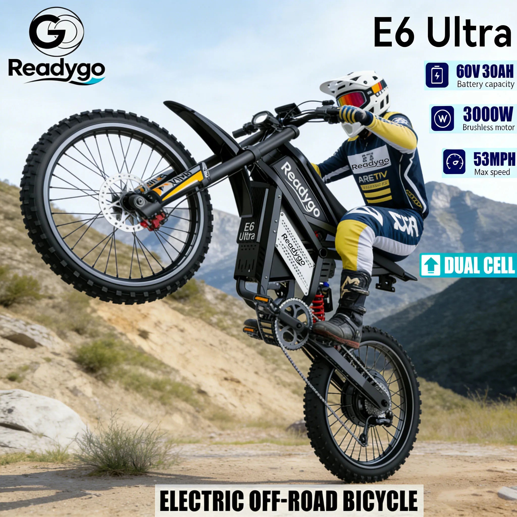 Readygo E6 Ultra Adult Off-Road Ebike 3000W Brushless Motor 60V 30AH Lithium Battery Electric Bicycle 85Km/h