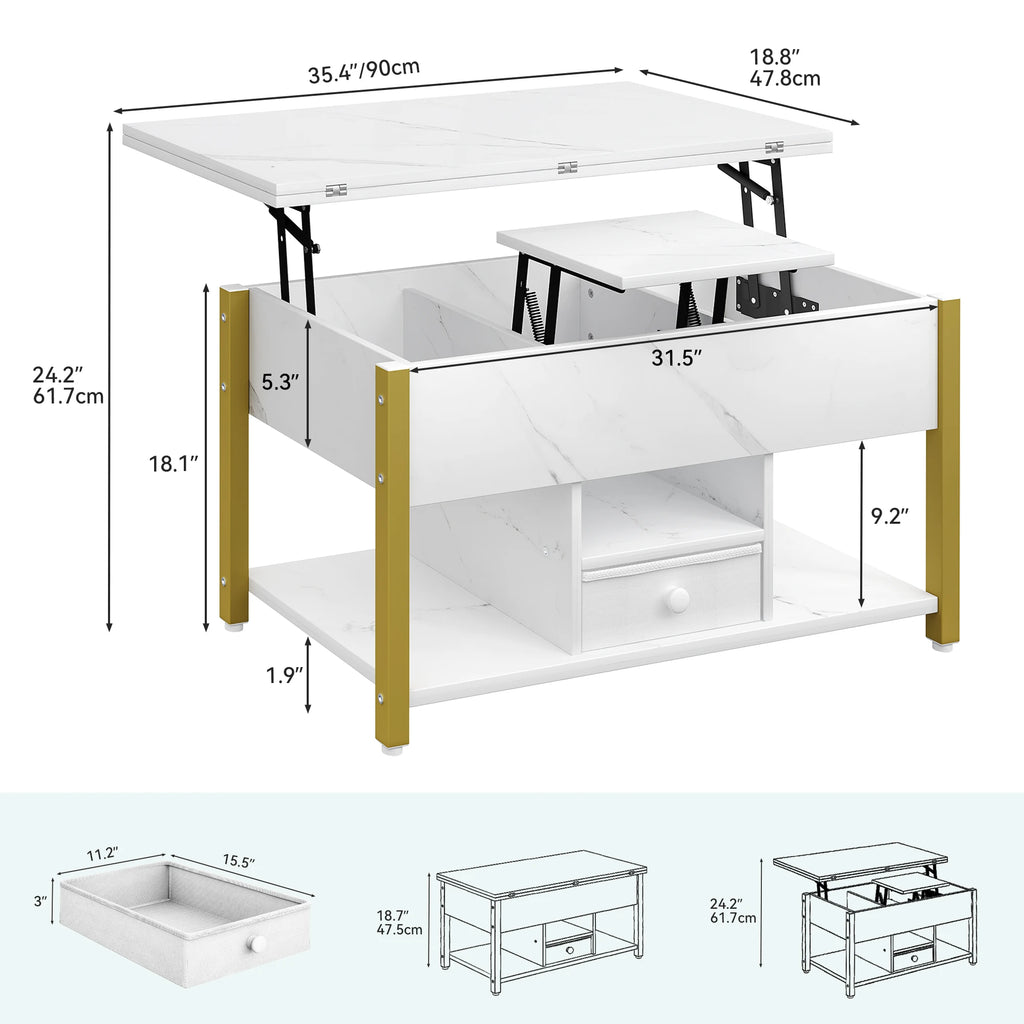 YITAHOME White Marble Lift Top Coffee Table 4 in 1 with Drawers Storage Converts to Dining Table for Living Room