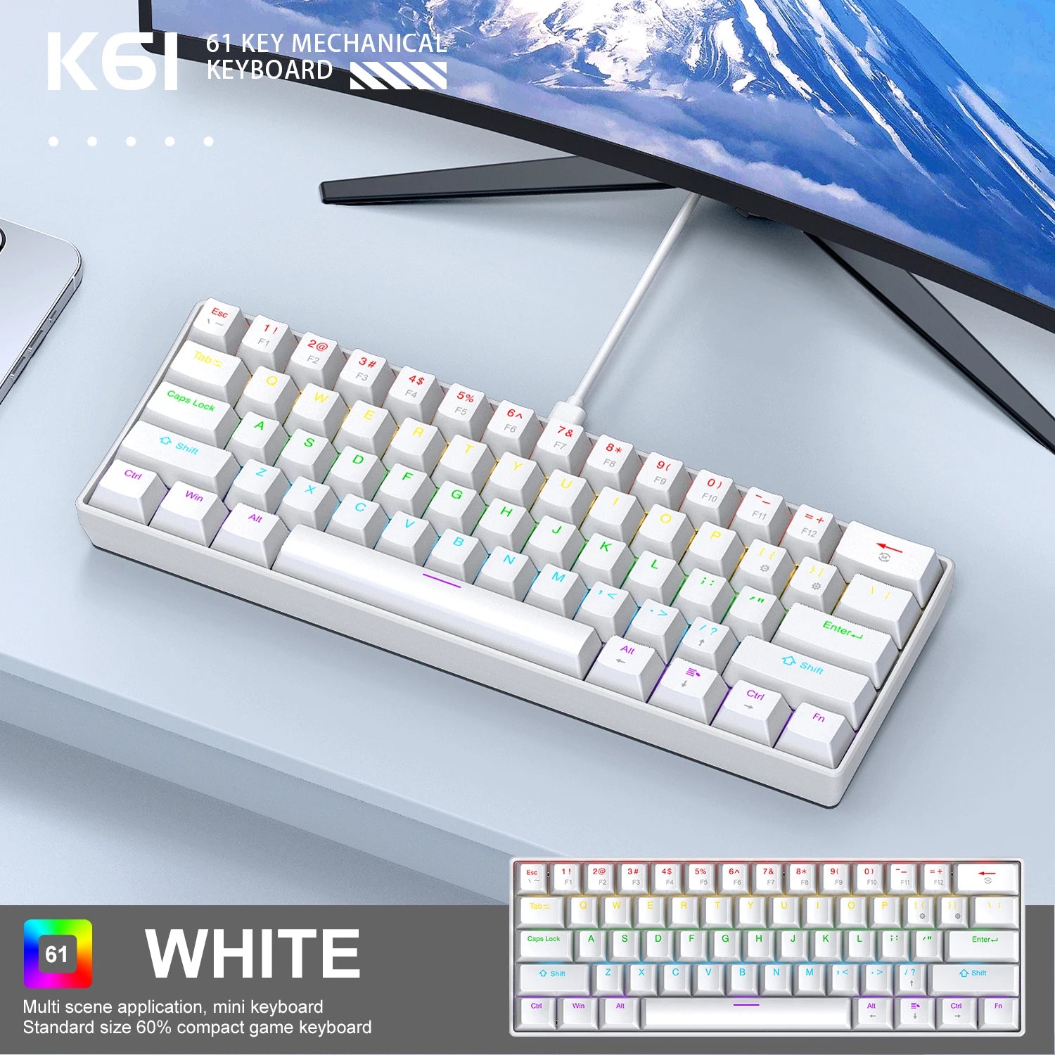 K61 Wired Mechanical Keyboard,61-key Design,1000Hz Return Rate,USB2.0 Full-speed Connection to Devices