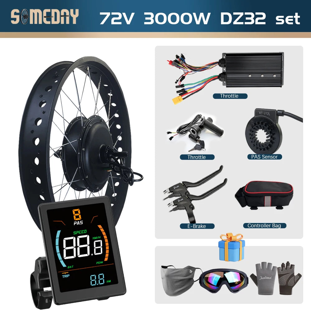 Ebike Fat Tire Conversion Kit 72V 3000W Rear Rotate Hub Motor Wheel 20/24/26 inch Dropout 170mm for Snow Electric Bicycle