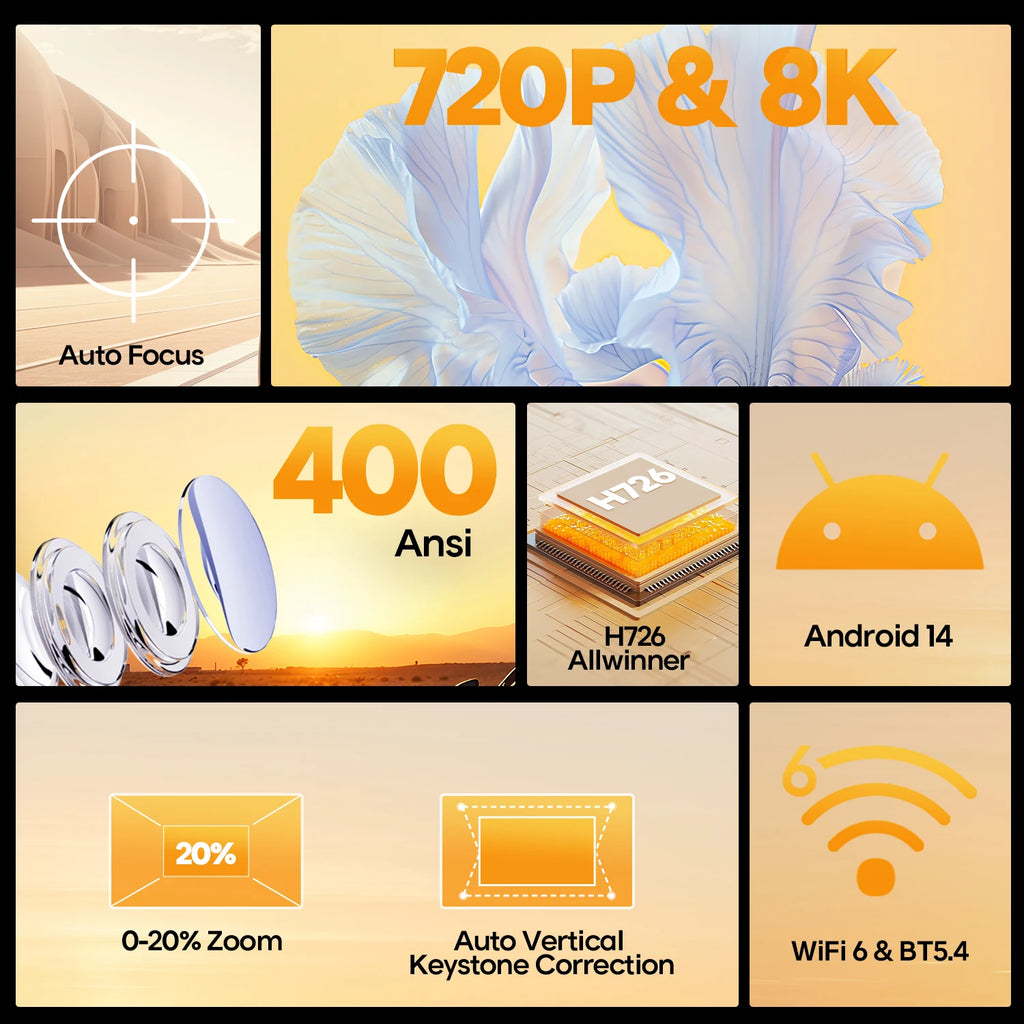 Magcubic Android 14 Auto Focus HY300MAX Portable Projector 400ANSI WiFi6 Projector Support 8K Full HD Home Outdoor Cinema HY300