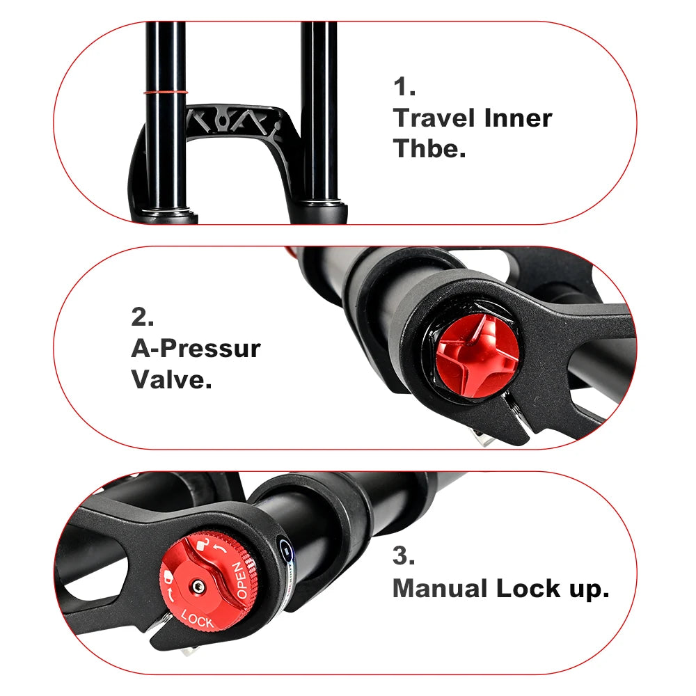 Nanlio Double Shoulder Snow Fork 20/26x4.0 Inch Fat Tire Air Suspension34mm Tube 135mm Hub Width for E-Bike MTB Electric Bicycle