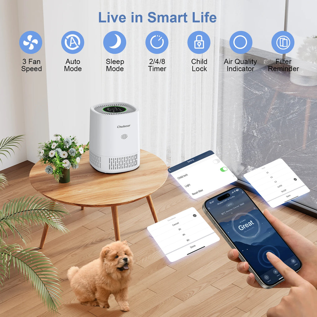 Smart Air Purifier for Home CADR 250m³/h for 18m² App Control H13 HEPA for Bedroom office for Smoke Pet Hair Dust Pollen Odor