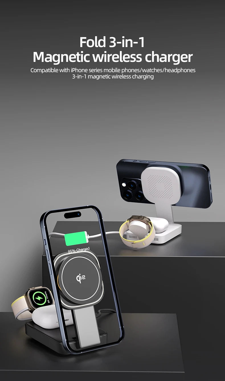 3in1 Magnetic Wireless Charger QI2 Magsafe Folding Wireless Charging Station for iphone 16 pro iWatch AirPods Wireless Charger
