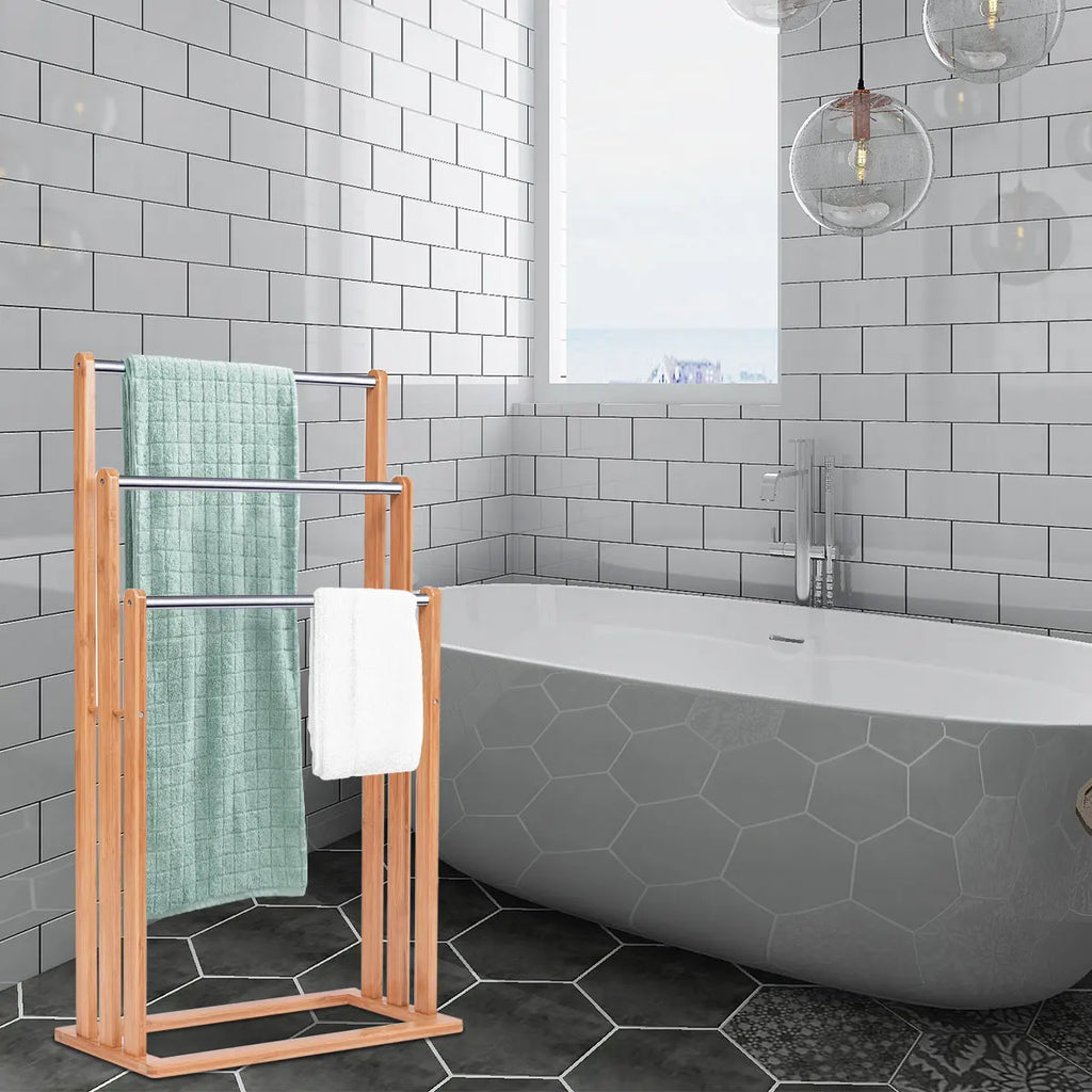 Towel Holder standing 3 stainless steel pole towel stand bamboo stand towel holder bathroom organizer