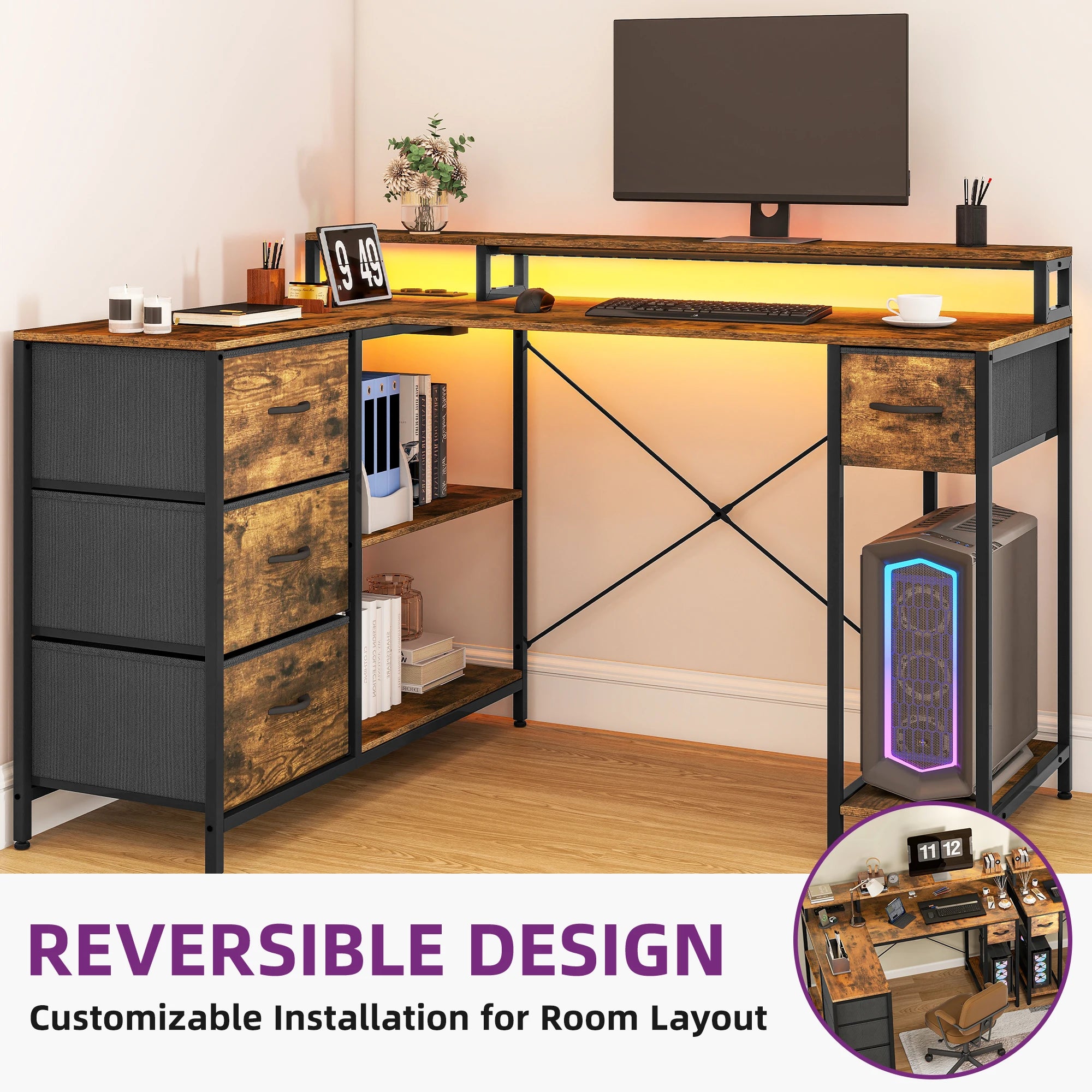 YITAHOME Brown L Shaped Office Desk 140x100cm with USB Charging 4 Drawers