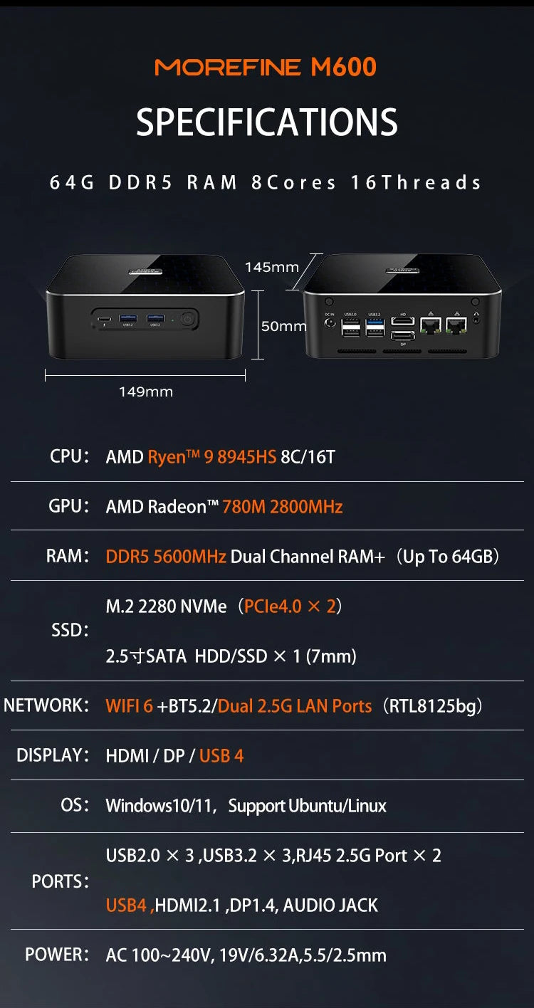 MOREFINE Mini Pc Gamer CPU Ryzen 9 8945HS AMD R7 8845HS R7-8745HS R5-8645HS 2.5G LAN Windows11PRO Desktop Computador Gaming PC
