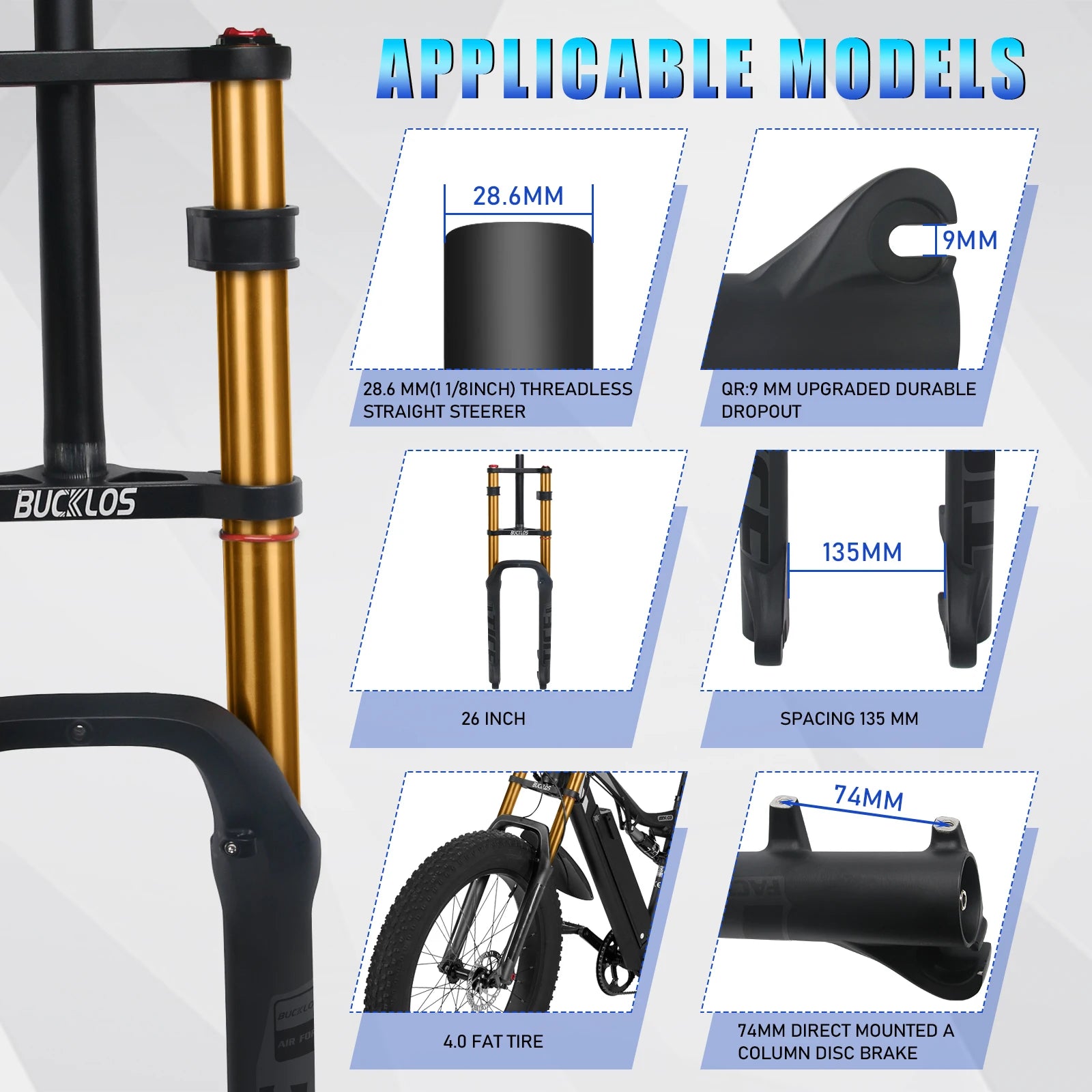 BUCKLOS 26*4.0 Snow Bike Fork Air Suspension Bicycle Fat Fork 4.0 Tire 9*135mm Mountain Bike Forks Beach E-Bike Forks