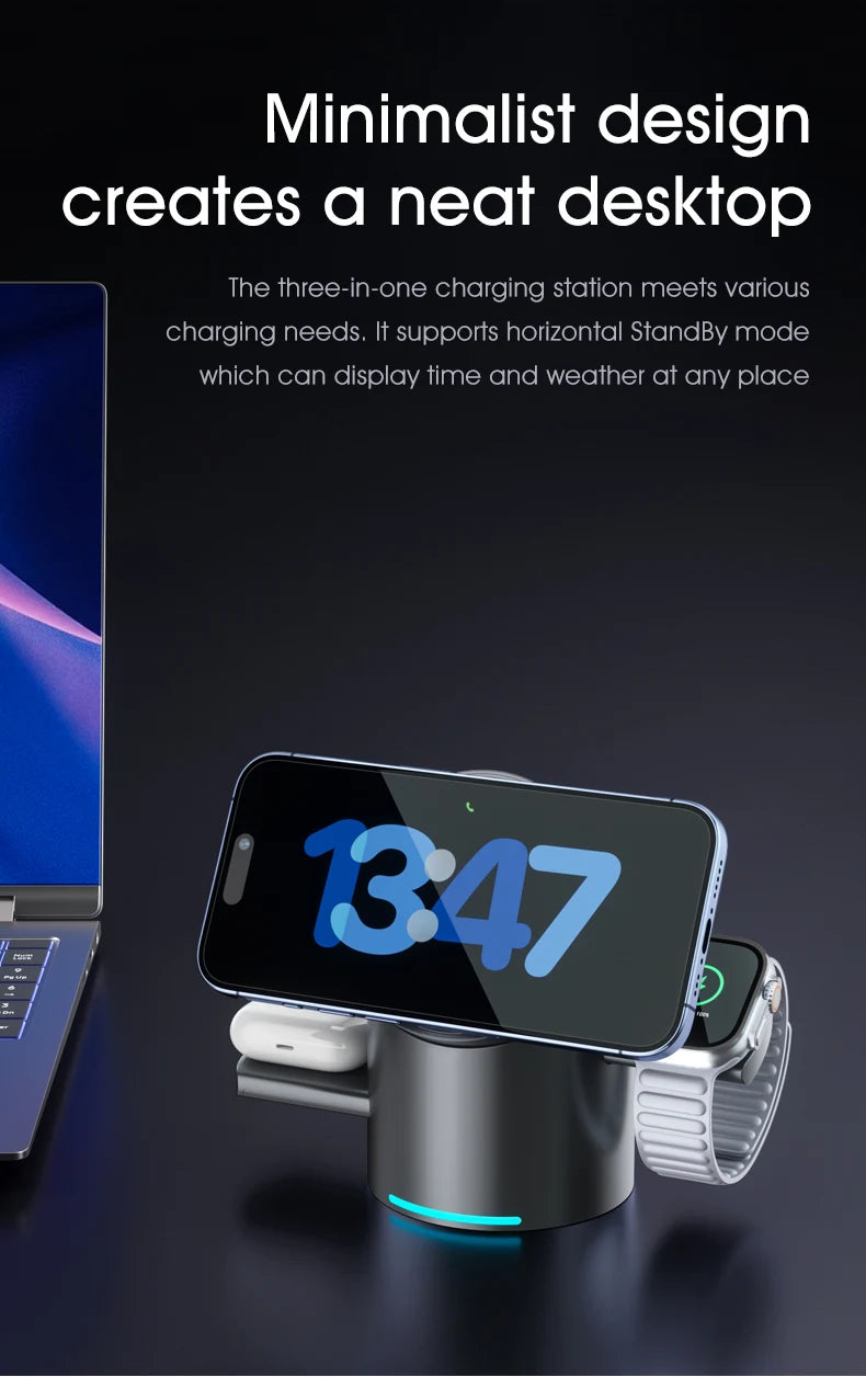 New Truly Qi2 3 In 1 Magnetic Touch Button Wireless Charger For Android iPhone iWatch Airpods Magsafe Fast Charging Dock Station