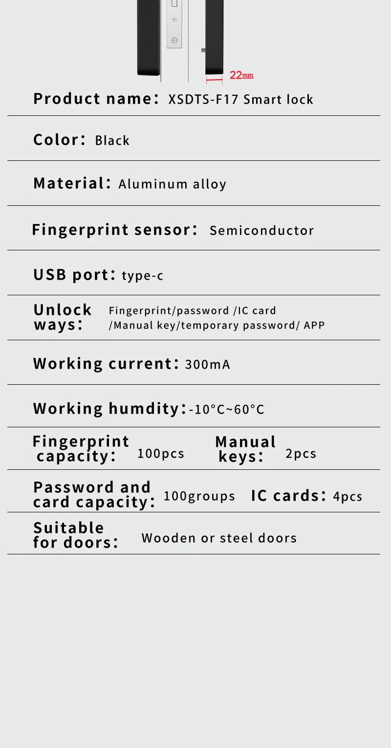 Electronic Smart Door Lock With Biometric Fingerprint Smart Card Password Key Unlock USB Tuya APP Emergency Charge lock For home