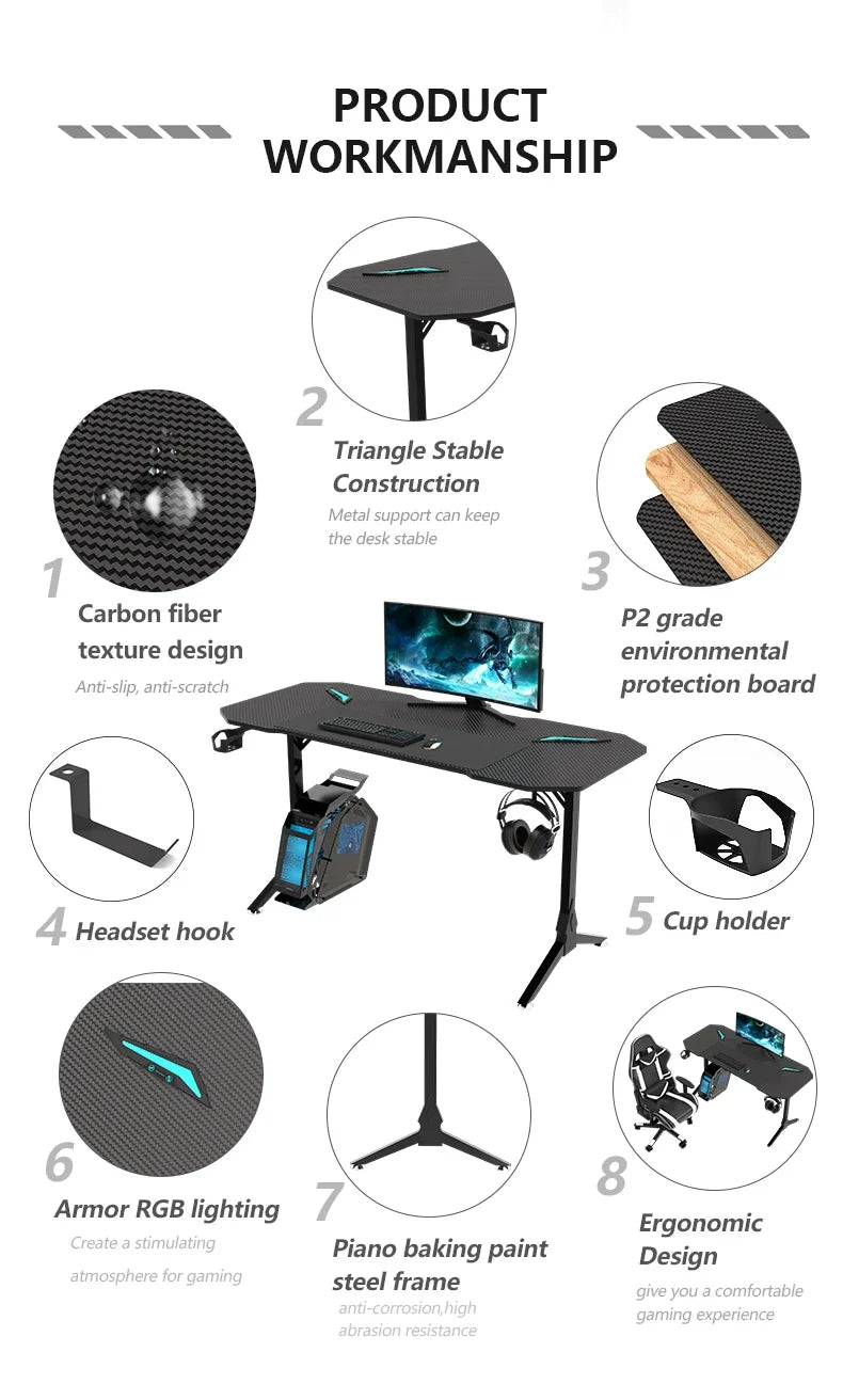 Factory wholesale carbon fiber desktop gaming desk custom black white racing gaming table design PC computer desk for E-sports