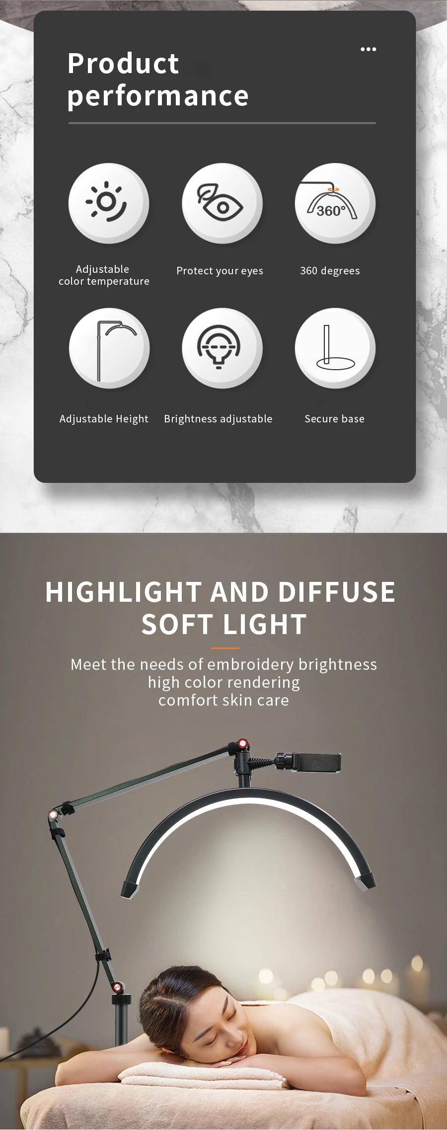 16 INCH LED Half Moon Lash Light Temperature 20W 3000K-6000K LED Ring Lamp for Beauty Facials Skincare Tattoo Eyebrows Filming