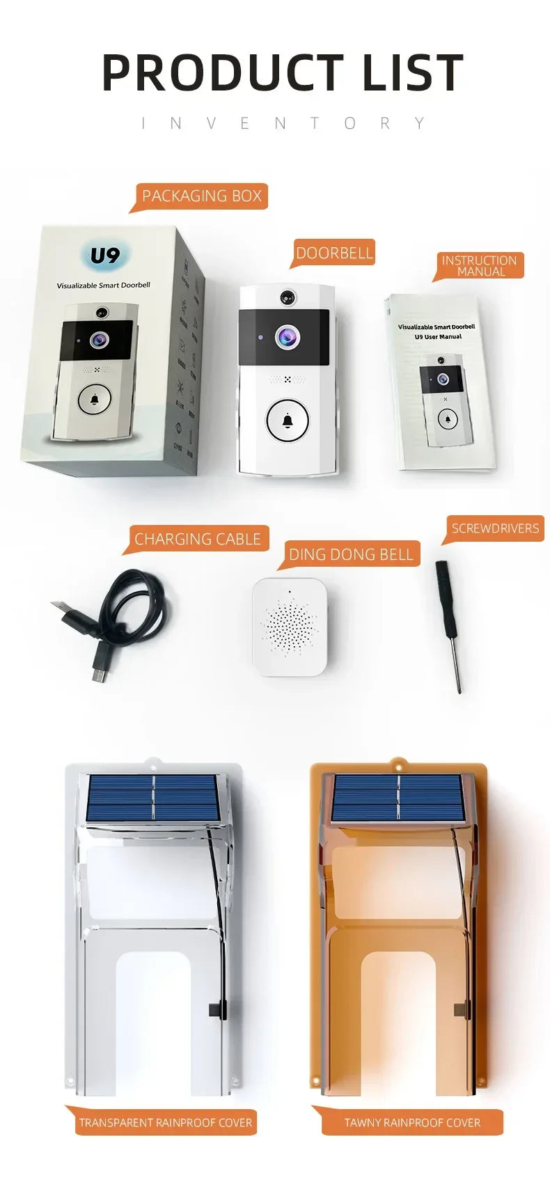 Outdoor Wireless Doorbell with Solar Cover Camera Wifi Digital Door Peepholes Waterproof Smart Home Intercom Video Eye Ring Bell