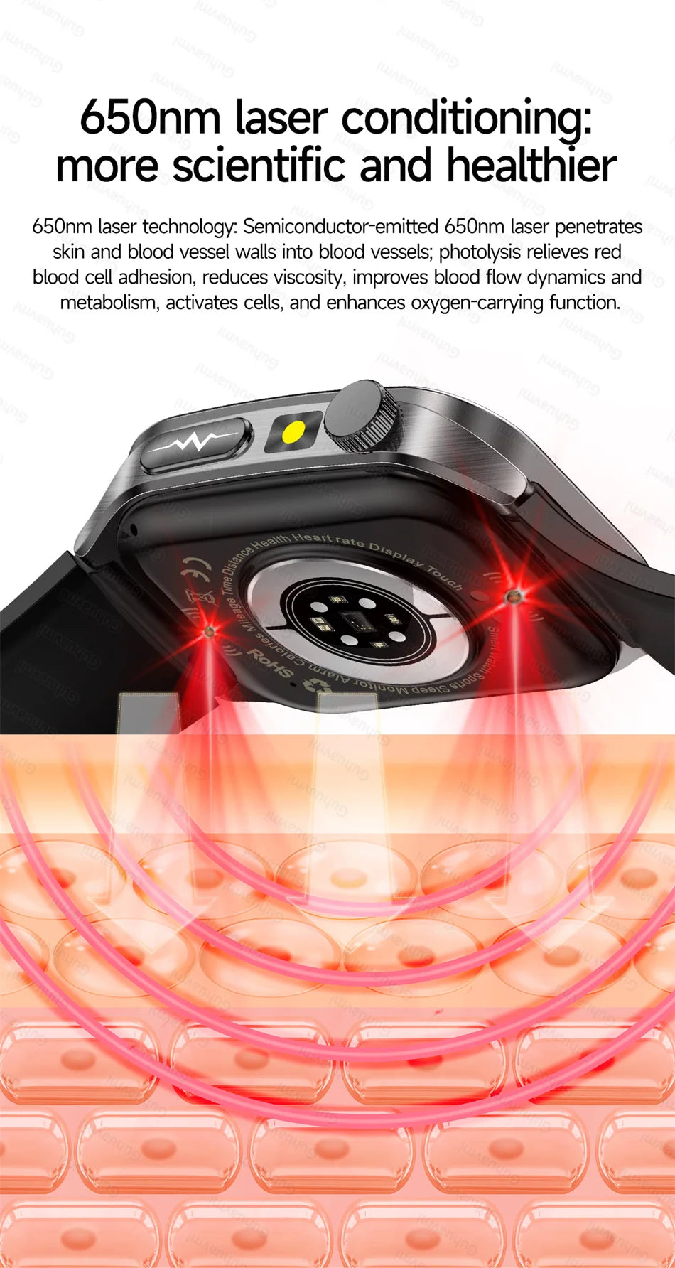 Smart Watch 650nm Dual probe laser health conditioning Blood oxygen Pressure Uric Acid Blood lipid ECG Smartwatch for Man Women