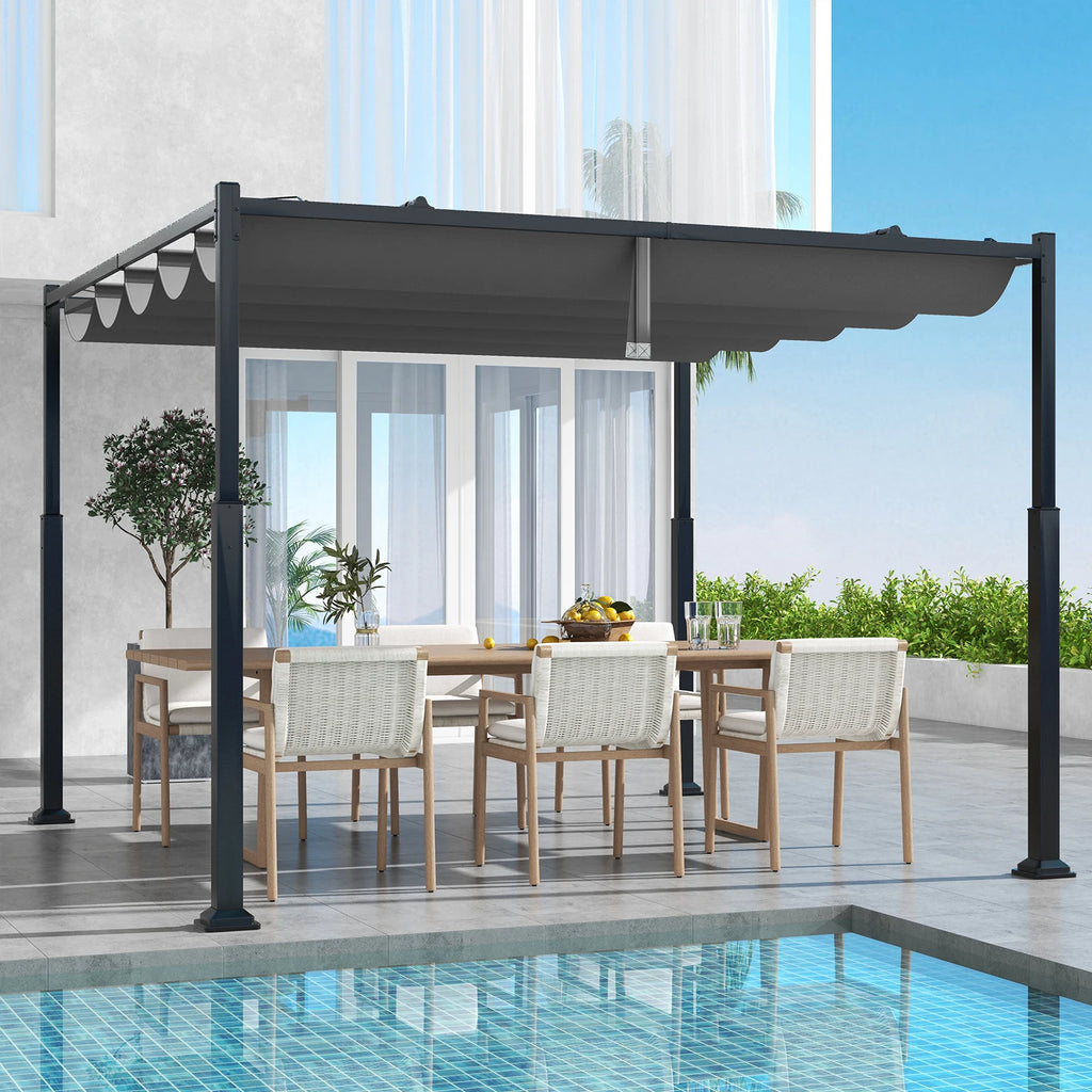 Pergola with sliding roof, 3.1x3.1 m pavilion waterproof stable winter resistant, garden pavilion with sturdy metal pillars for terrace