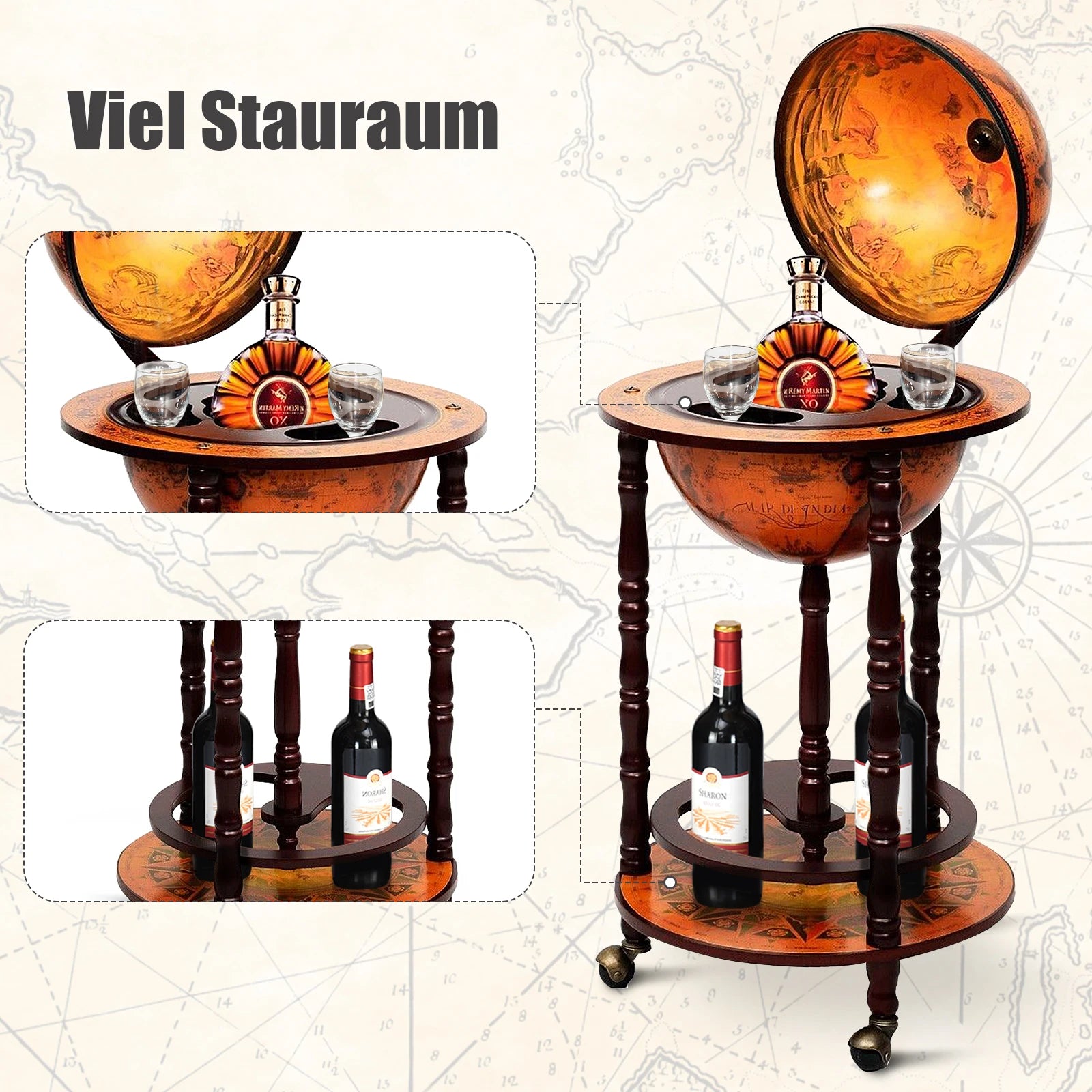 Globe Bar Bar Barcart Globe Bar Home Bar Minibar Mini Bar Wine Rack with Rolls Brown