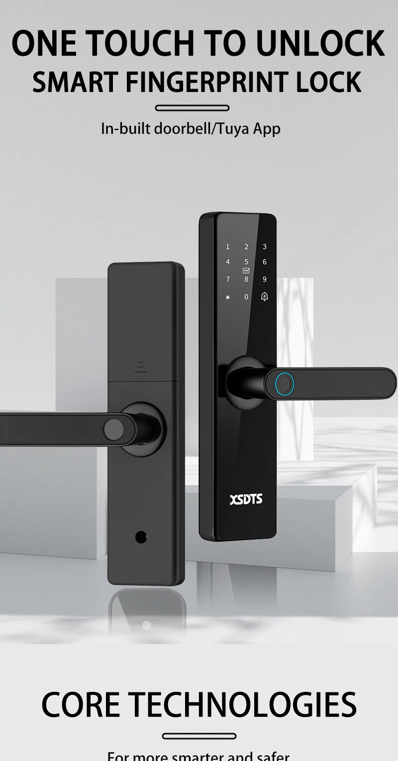 Electronic Smart Door Lock With Biometric Fingerprint Smart Card Password Key Unlock USB Tuya APP Emergency Charge lock For home