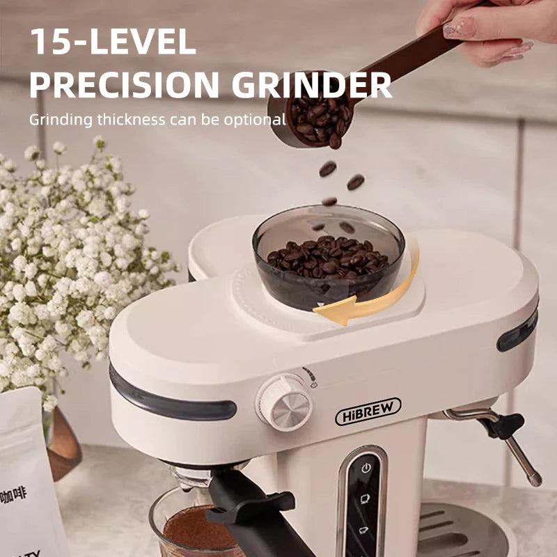 HiBREW 20 Bar Semi Automatic Espresso Coffee Maker With Grinder Bean For Cappuccino and Latte Milk Frothing System Machine H14