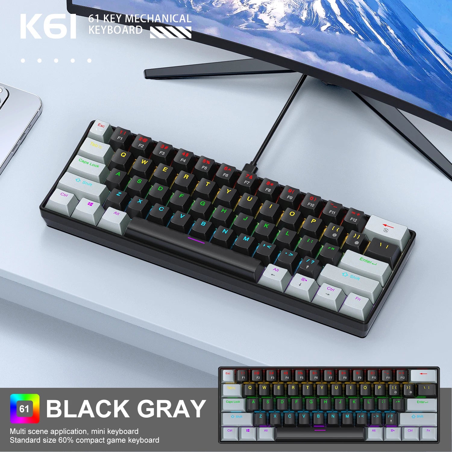 K61 Wired Mechanical Keyboard,61-key Design,1000Hz Return Rate,USB2.0 Full-speed Connection to Devices