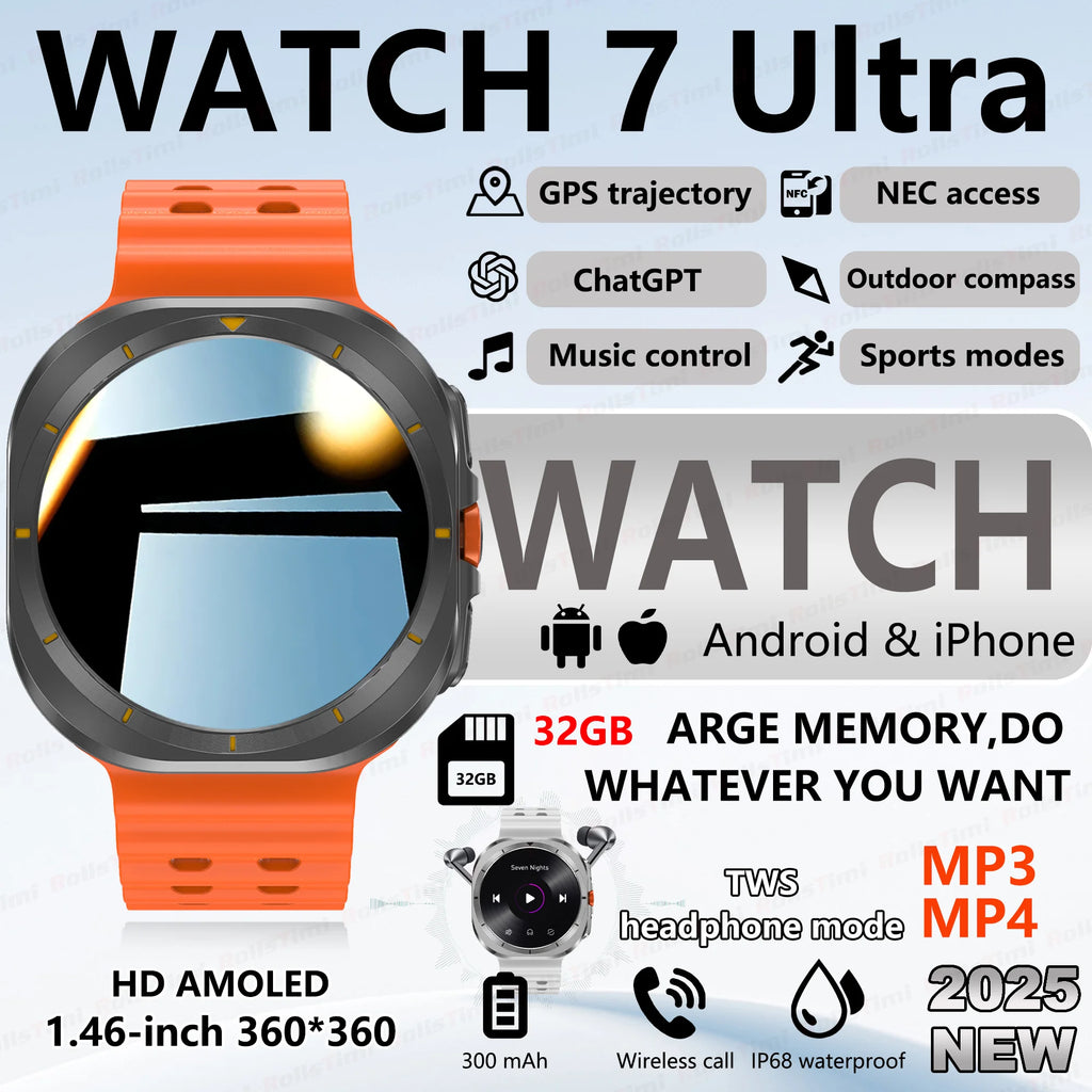 Smart Watch 7Ultra for Men ChatGPT Compass NFC 360*360 AMOLED Screen Heart Rate Monitor Bluetooth Call IP68 Waterproof Smartwat