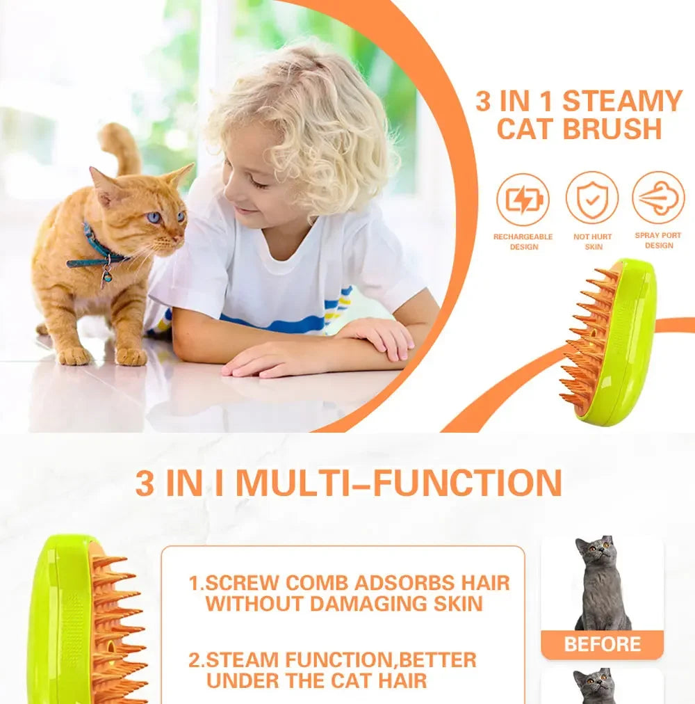 3-in-1 Electric Pet Grooming Steam Brush Sprayer Massage Comb for Cats Dogs Shedding Control Gentle Anti-Static Grooming Tool