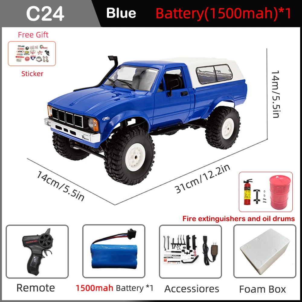 WPL C24 Full Scale RC Car 2.4G 4WD Rock Crawler Electric Buggy Climbing Truck LED Light On-road 1/16 For Kids Gifts Toys