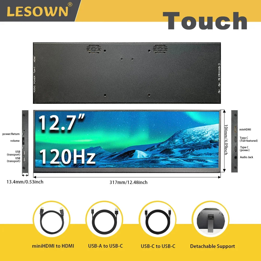 LESOWN Long Bar 12.7 12.6 inch Monitor 120Hz 2880x864 IPS Touch HDMI Type C Sensor Panel LCD Data Ancillary Screen Temp Display