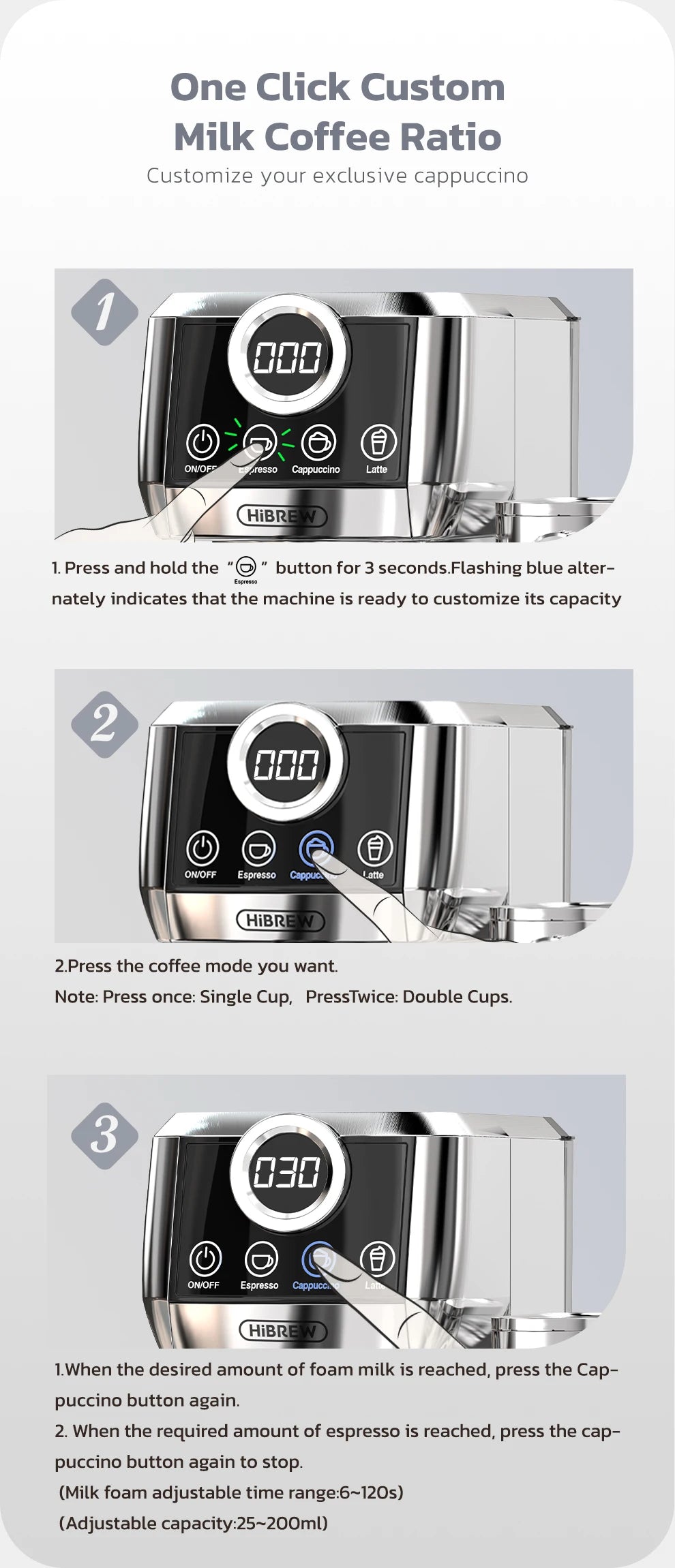 HiBREW  3 in 1 Semi Automatic Espresso Cappuccino Latte Coffee Machine Automatic Milk Froth Ground Coffee Stainless Steels H13A