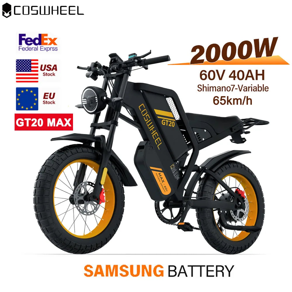 Coswheel Electric bike for Adult 2000W 60V Off-Road Motorcycle Mountain Bikes 20Inch Electric bike Fatbike Motorcycles ebike