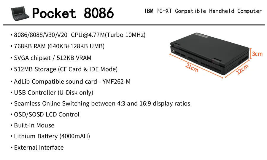 Pocket8086 Retro DOS Computer Windows3.0 8086 CPU Black