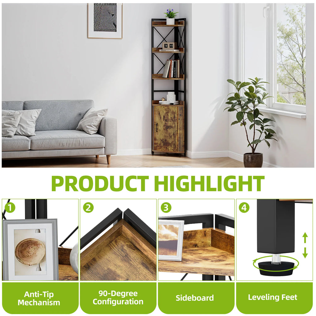 YITAHOME Rustic Brown 4-Tier Corner Bookshelf - Industrial Wood & Metal Storage Cabinet for Living Room/Office/Hallway