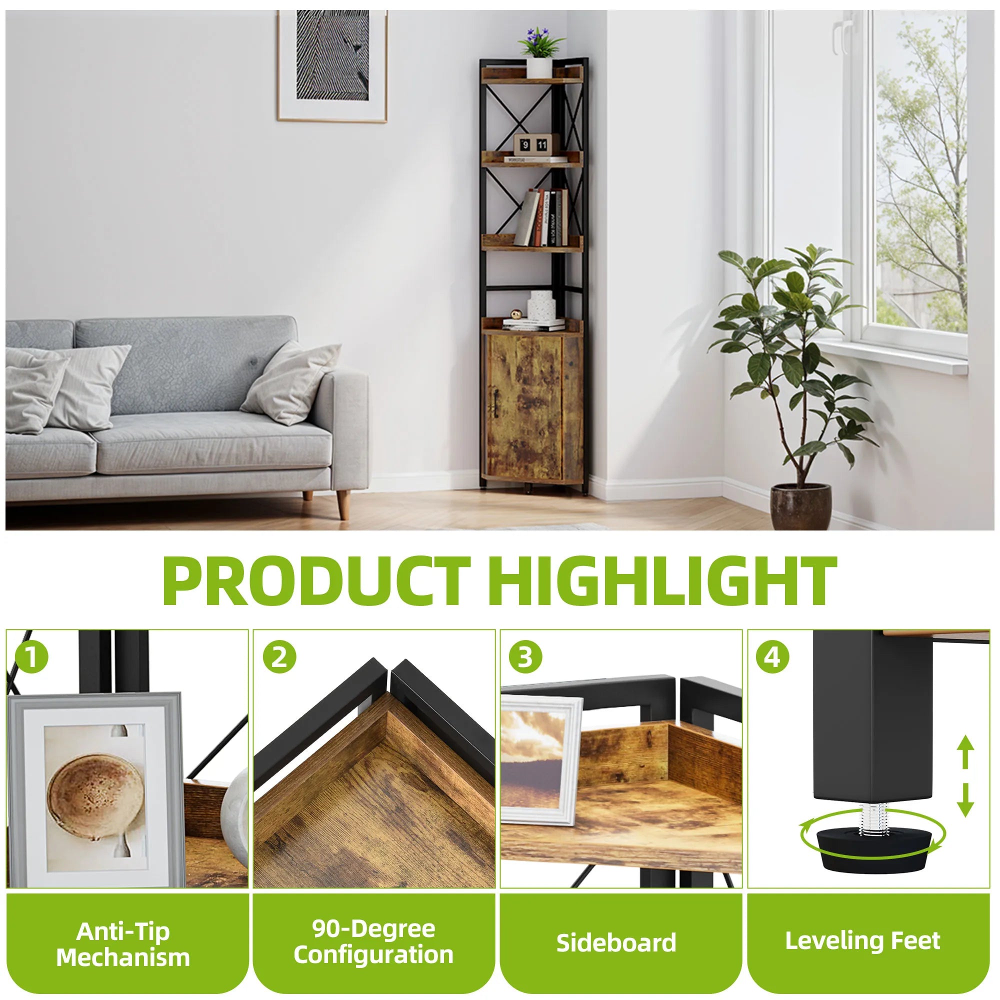 YITAHOME Rustic Brown 4-Tier Corner Bookshelf - Industrial Wood & Metal Storage Cabinet for Living Room/Office/Hallway