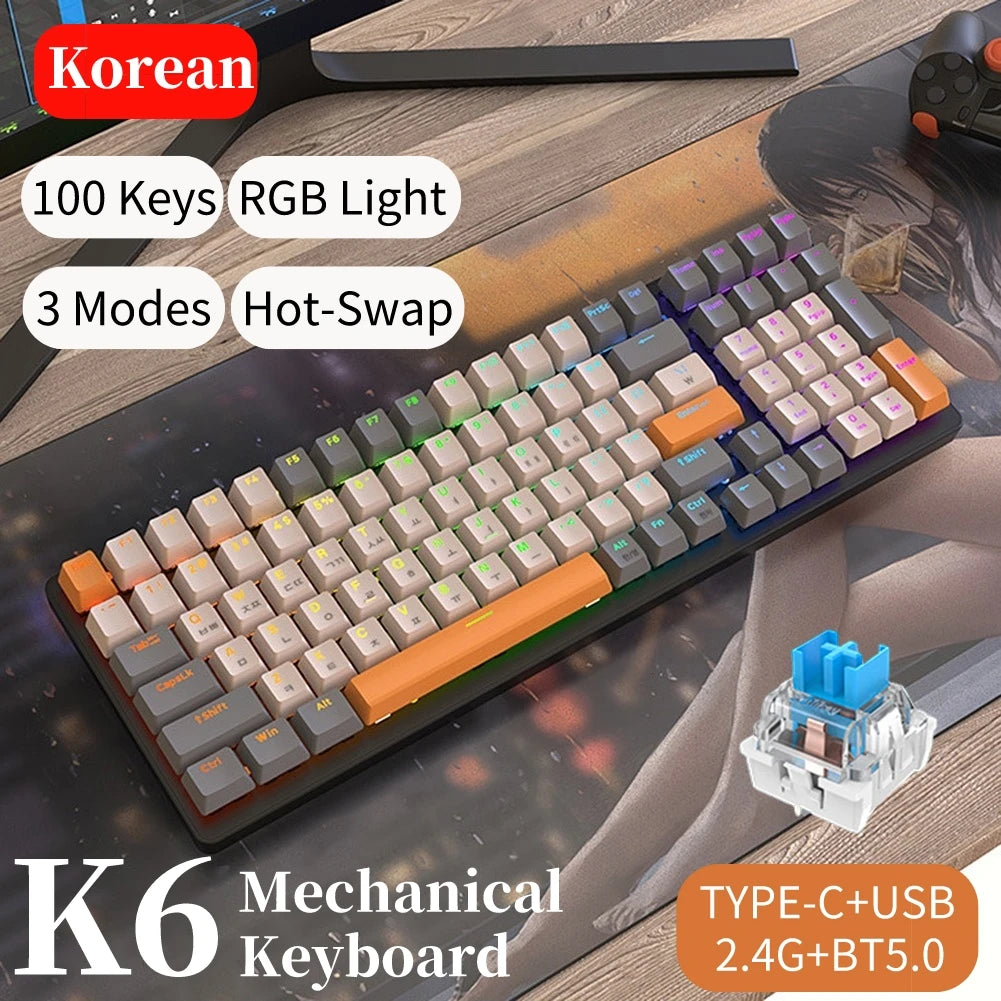 Korean K96 Mechanical Gaming Keyboard Wireless Wired Keyboard Bluetooth-compatible Gamer Keypad 100 Keys K6 Personalized Keycap