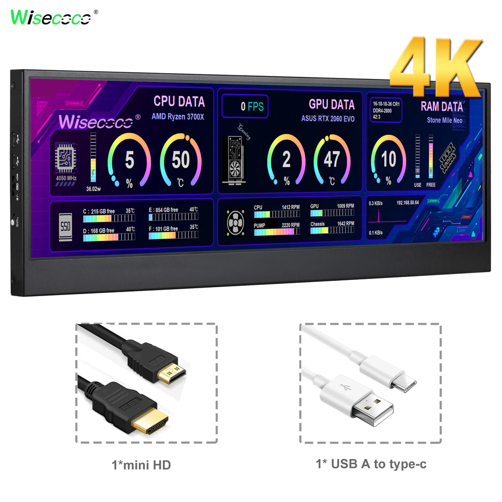 Wisecoco 14 Inch Widescreen Stretched Bar Monitor 3840x1100 4K IPS LCD Monitor Aida64 Raspberry Pi Win10 11 PC Secondary Monitor