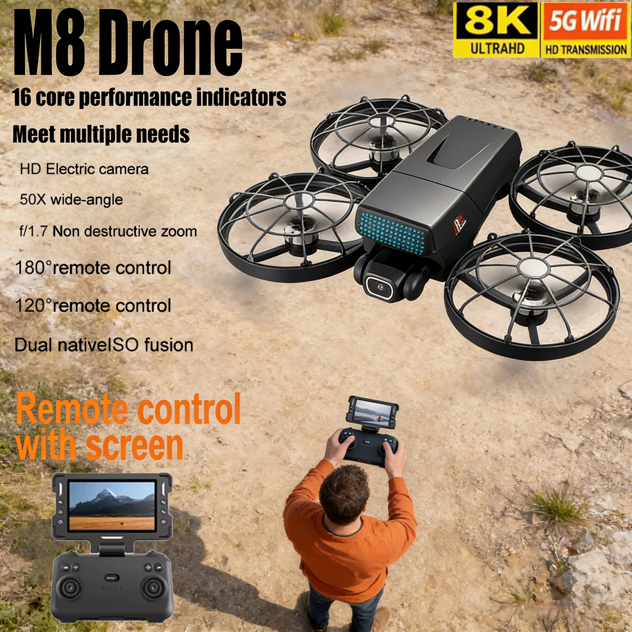 Aerial Photography Drone with 8K Camera -M8 GPS FPV Foldable Quadcopter Follow Me Mode Auto Return 5G WiFi RC Toy Gift for Adult