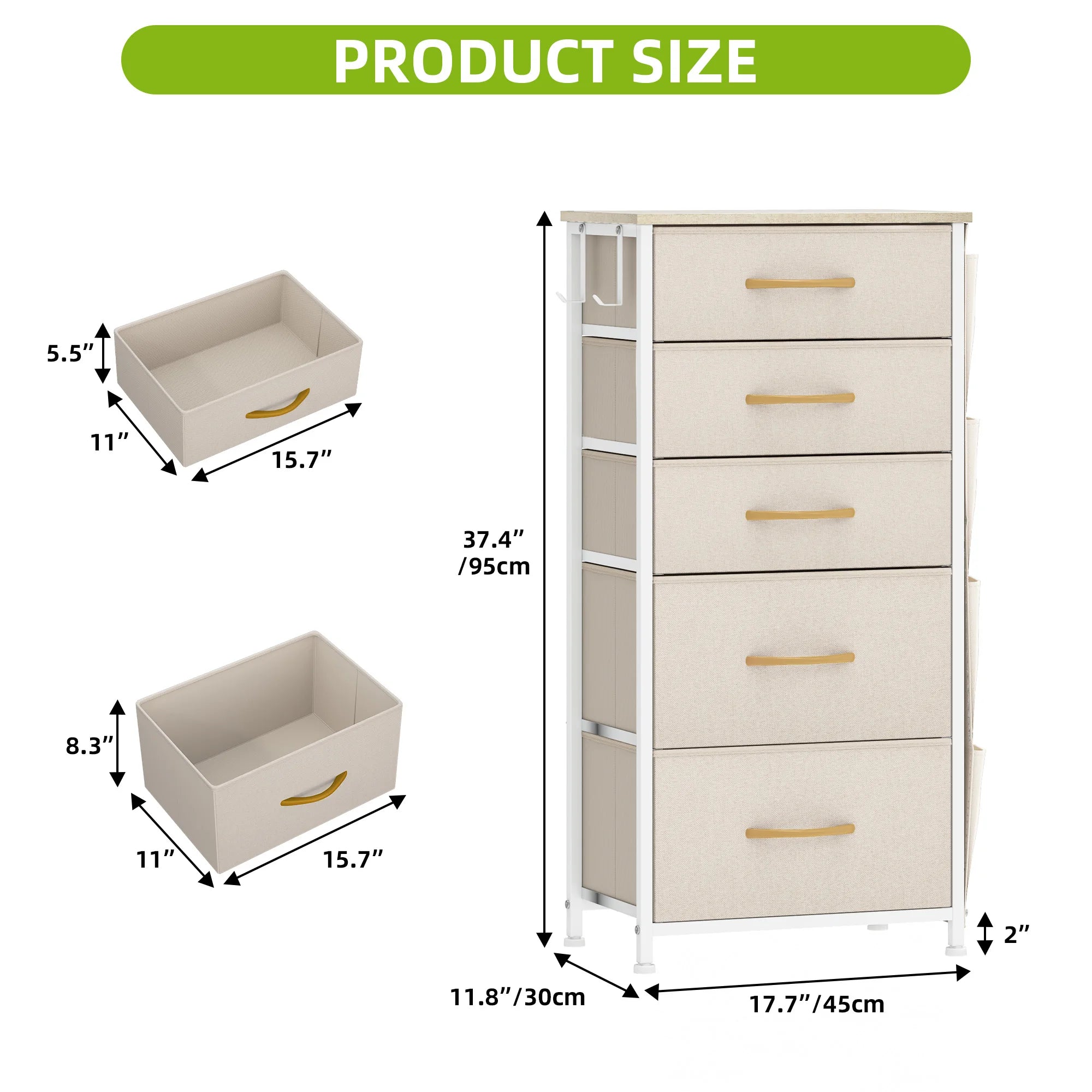 YITAHOME 5-Drawer Fabric Dresser w/Side Pockets & Hooks - Metal Frame & Wood Top for Bedroom, Nursery, Hallway (Beige)