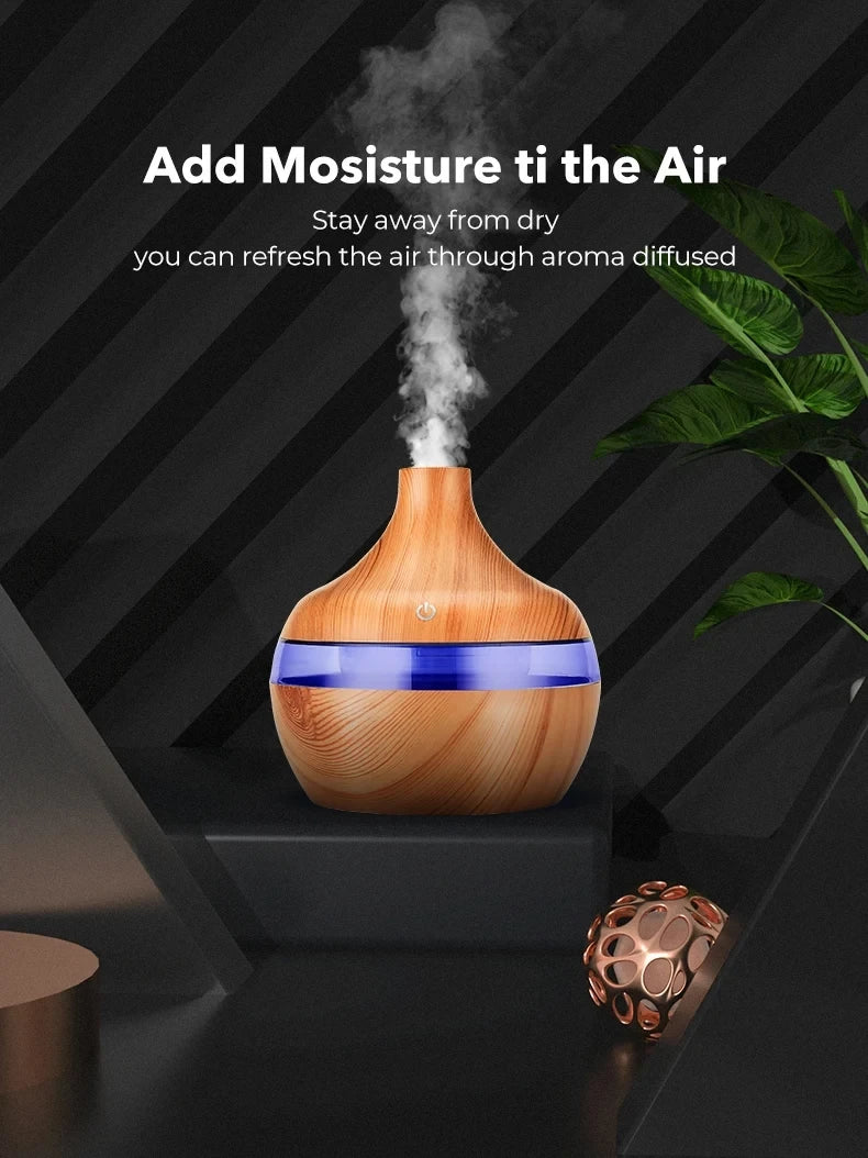 300ml High Quality Aromatherapy Essential Oil Diffuser Wood Grain Remote Control Ultrasonic Air Humidifier with 7 Colors Light