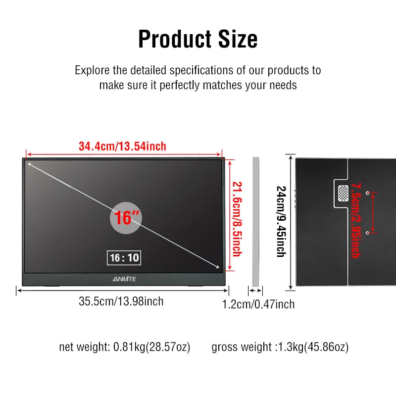 16 inch Touch Screen Portable Monitor 16:10 IPS Extended Display for Laptop with Bracket For xbox raspberry Pi