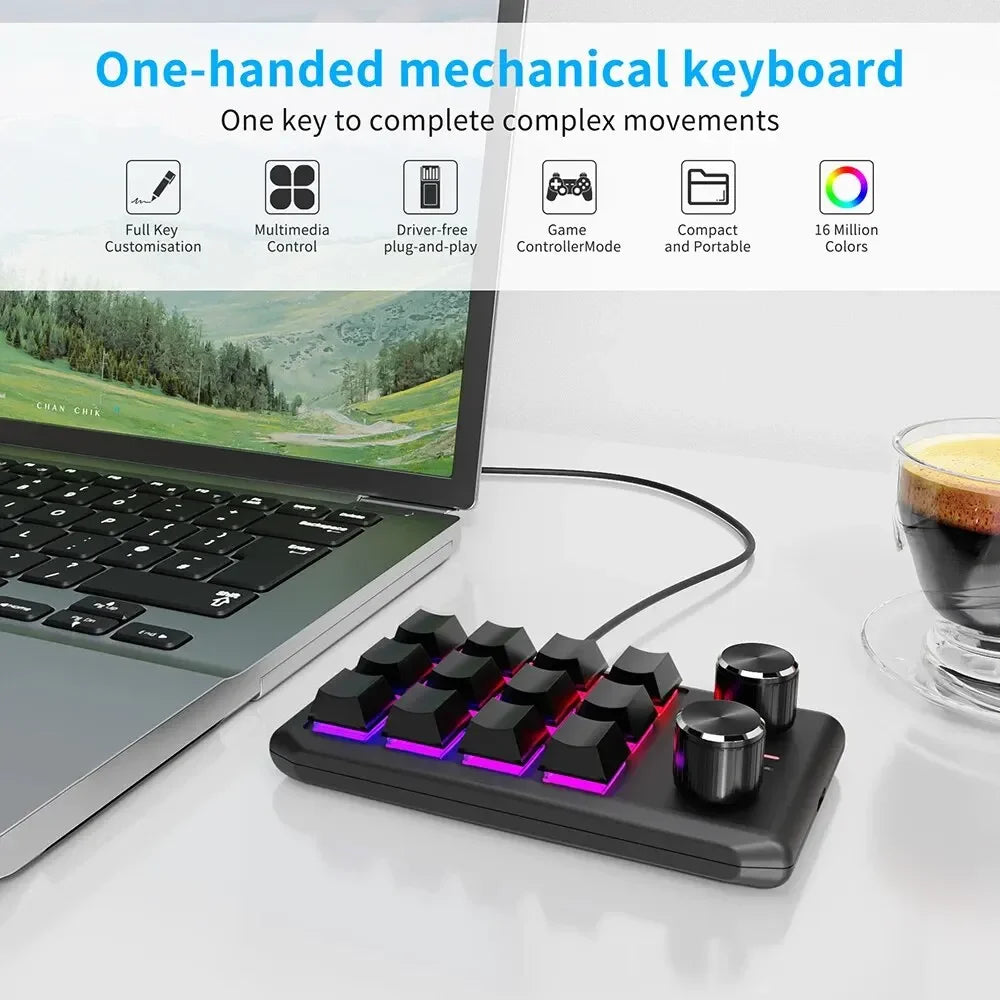 12 Keys 2 Knob Custom Mechanical Keyboard 3 Modes Bluetooth 2.4G Macro Programming Keyboard Hot-swapping Keypad for Gaming PS