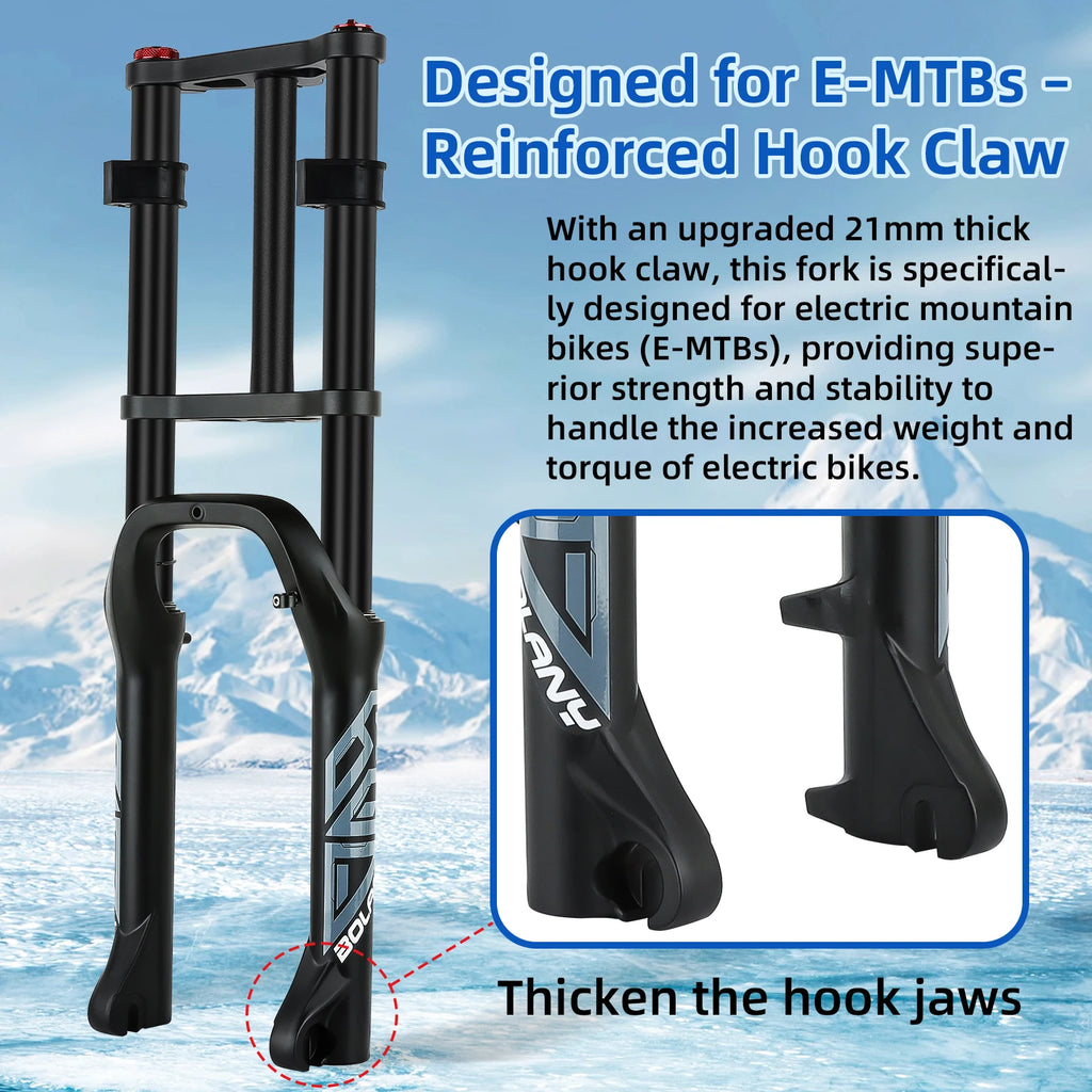 BOLANY Bicycle Snow Front Fork 20 inch 26 inch 4.0 Tire MTB Bike Fork 110mm Travel Double Shoulder Air Supension for E-Bike
