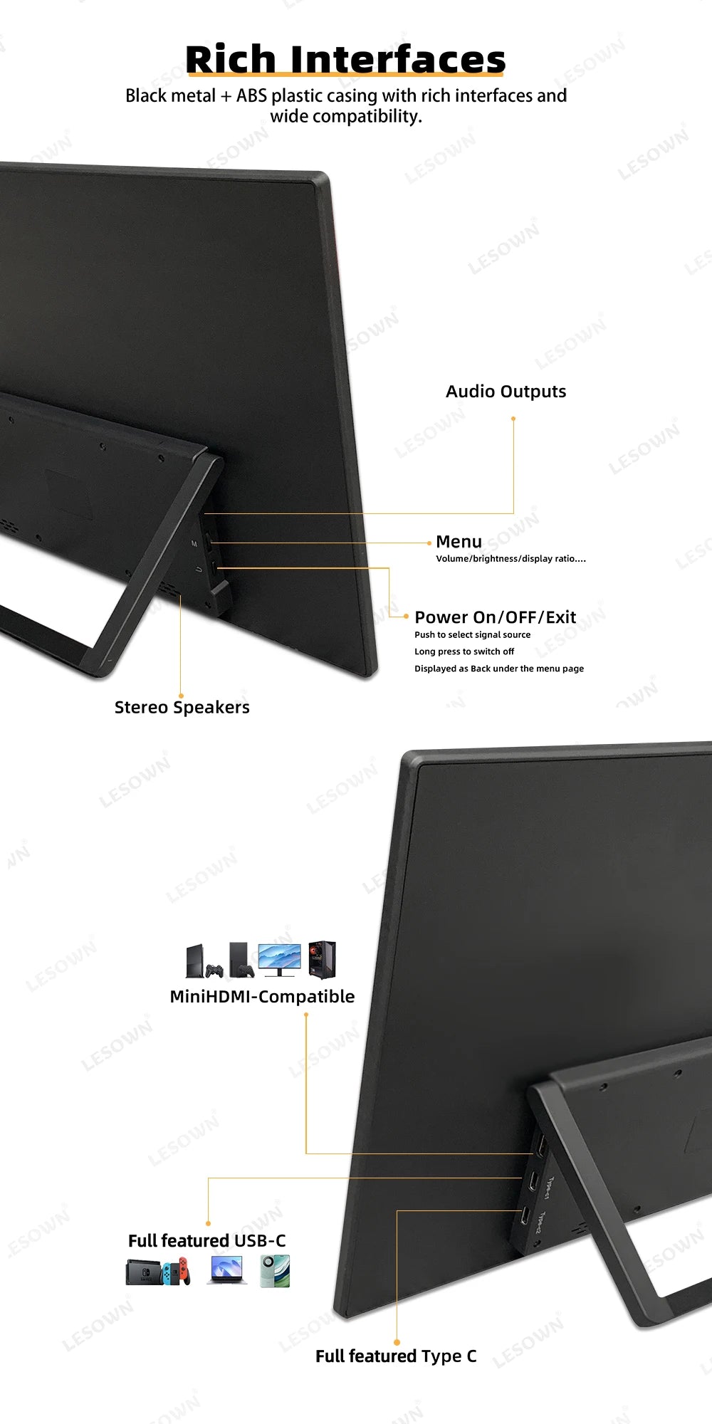 LESOWN 120Hz 2.5K Monitor 11.6 14 16 inch IPS 3840x2160 UHD VESA Gaming External Screen USB-C Display with Speaker Plastic Shell
